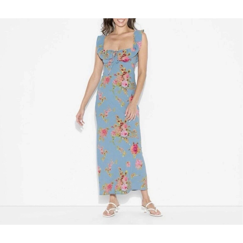 Wild Fable Flounce Sleeve Maxi Empire Waist Dress Blue Floral Size XXS NWT